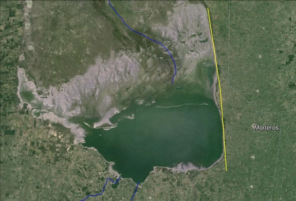 Se marcó en amarillo el borde este de la laguna. Esa es la zona del alto (Click para agrandar)